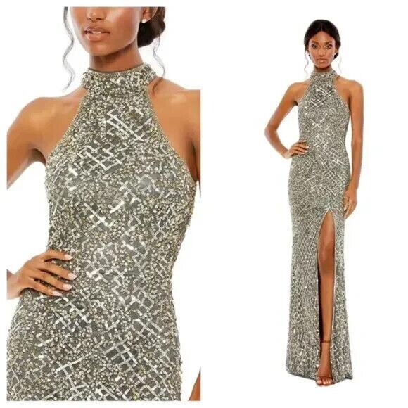 Mac Duggal‎ 4112 Sequin Halter Open Back Sheath Gown Platinum Gray 16 NEW - Picture 1 of 7